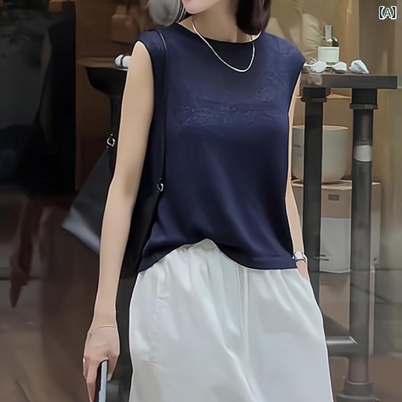 Other - ニットトップス レディース 夏 ラウンドネック 単色 ショートスリーブ 接触冷感 薄手 透け 正肩 ベーシック 普段使い 吸湿速乾 軽量 伸縮性