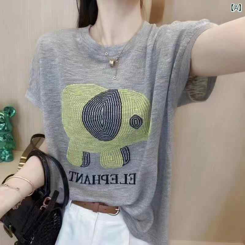 半袖 Tシャツ レディース 夏 ゆったり 大サイズ 接触冷感 薄手 ニット トップス 綿麻 素材 小象 刺繍 若見え 軽量 吸湿速乾 フィット