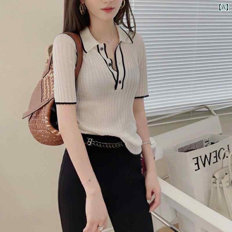 樂天商城 - レディース ポロシャツ Tシャツ Vネック 接触冷感 半袖 ニット トップス 夏用 シンプル 吸湿速乾 軽量 普段使い