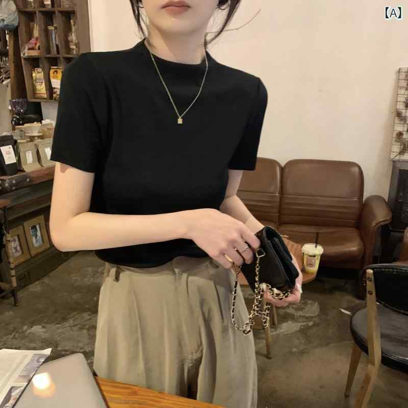 レディース Tシャツ ブラック 高級感 夏 かわいい 丸首 接触冷感 ニット 短袖 個性的 ストレートショルダー トップス 普段使い