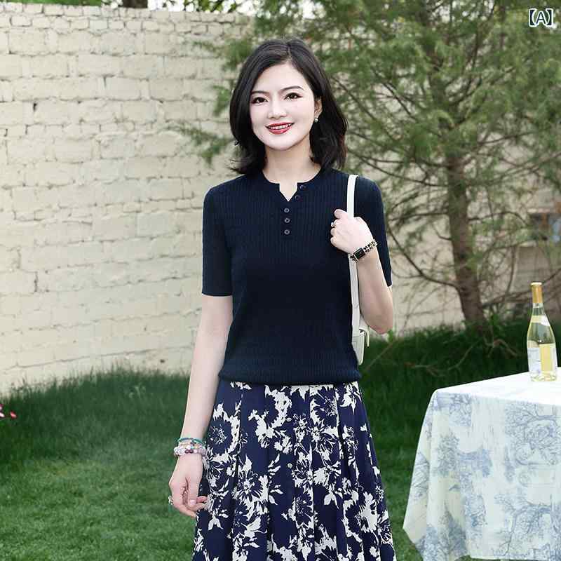 ニットTシャツ レディース ヘンリーネック 無地 ツイスト編み 短袖 夏 カジュアル トップス 伸縮性 コットン混 クラシックスタイル