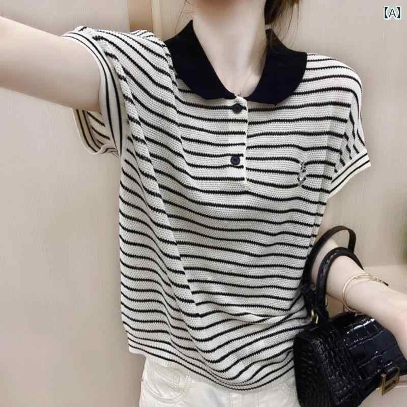 Other - 半袖 Tシャツ 接触冷感 ストライプ ウサギ刺繍 コントラストカラー ポロ襟 ニット トップス シャツ 夏用 カジュアル 普段使い 軽量 吸湿速乾 綿混