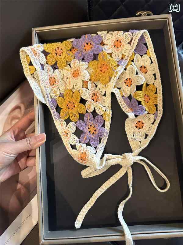 ベネフィメントショップのレディース レトロ 手編み 三角スカーフ 春夏 かわいい クロシェフラワー ヘッドバンド シルクスカーフ レース ヘッドスカーフ 軽量 伸縮性 普段使い｜アングル3