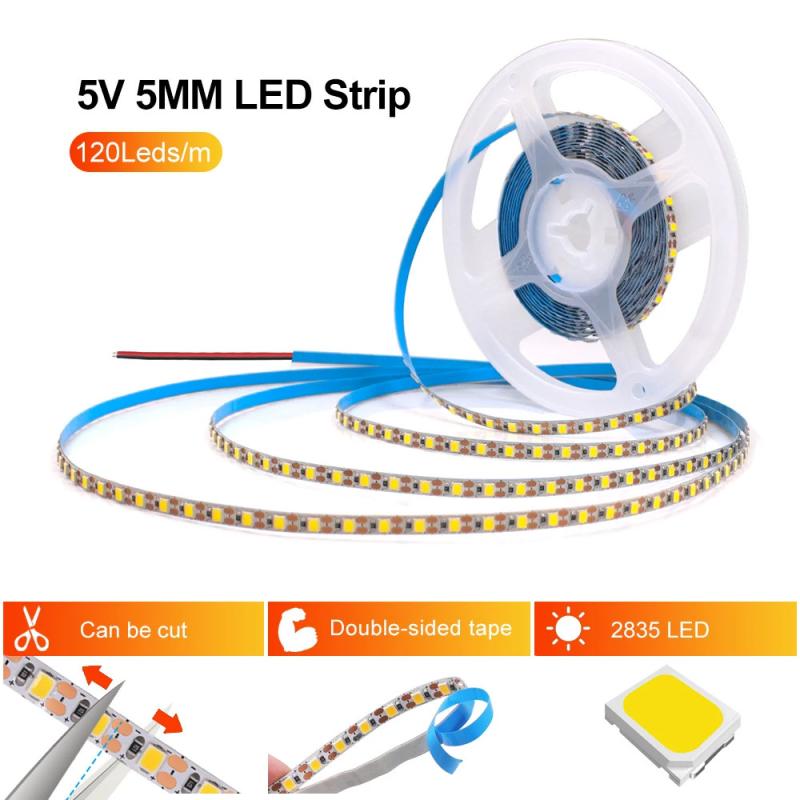 LED テープライト 5V 120LED 1m 2835チップ ベアPCB 自己粘着 幅5mm 高さ8mm 1灯カット 柔軟ストリップ 室内装飾 低電圧 DIY用 省エネ照明