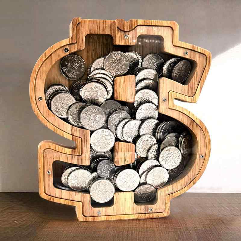 貯金箱 木製 アルファベット 英文字 コインケース 硬貨収納 飾り物 雑貨 透明窓付き おしゃれ ナチュラル雑貨 インテリア雑貨 卓上小物 リビング収納 玄関置物 お部屋飾り コレクションケース 木工細工 シンプルデザイン 子供部屋 大人用 収納箱 硬貨