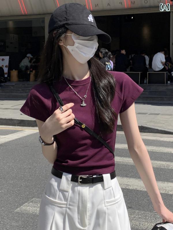 レディース 短袖Tシャツ 紫 コットン スリムフィット スタイリッシュ ショート丈 ウエスト切り替え 夏用 トップス 普段使い 軽量 吸湿..