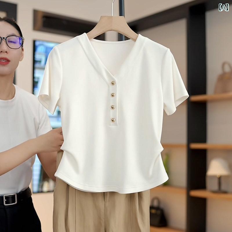Tシャツ レディース 短袖 Vネック 白色 夏用 上品 スリムフィット 修身 トップス 普段使い カジュアル 軽量 伸縮性