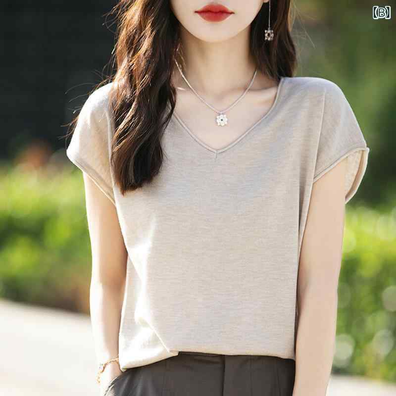 ベネフィメントショップのレディース Vネック 短袖 Tシャツ 絹 接触冷感 ニット 夏 薄手 ゆったり ロールヘム カジュアル トップス 吸湿速乾 軽量｜アングル2