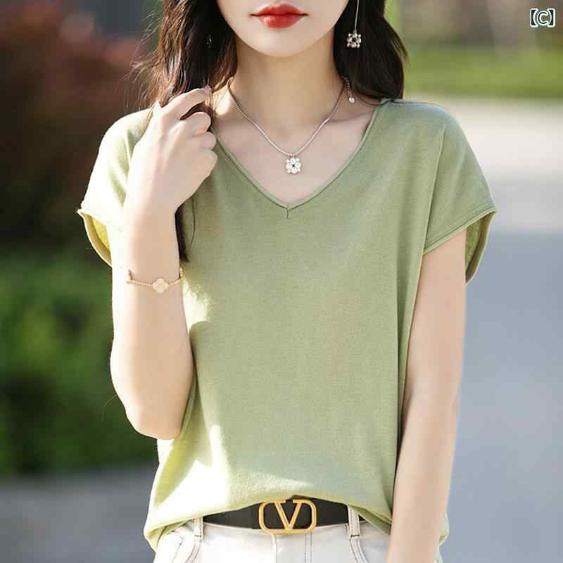 ベネフィメントショップのレディース Vネック 短袖 Tシャツ 絹 接触冷感 ニット 夏 薄手 ゆったり ロールヘム カジュアル トップス 吸湿速乾 軽量｜アングル3