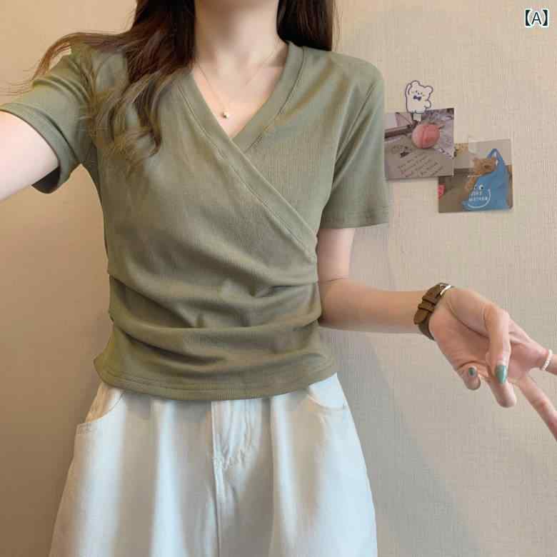 レディース 夏 短袖 Vネック クロス トップス スリム効果 ユニーク かわいい ショート丈 カジュアル 普段使い 伸縮性