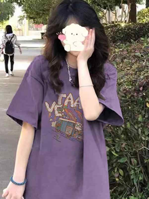 Tシャツ レディース 半袖 トップス カットソー 綿100％ パープル 紫色 無地 クルーネック ゆったり オーバーサイズ ビッグシルエット 体型カバー 着痩せ お腹周り 二の腕カバー 大きいサイズ プラスサイズ カジュアル ストリート スタイル おしゃ