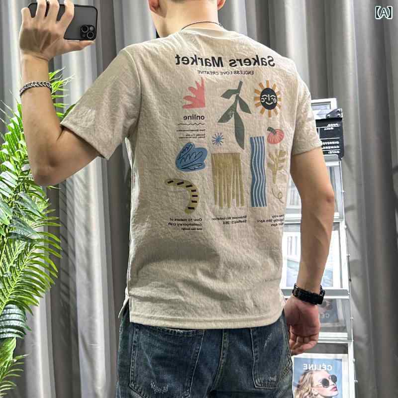 Tシャツ メンズ 夏用 薄手 短袖 麻綿素材 牛津布 カートゥン柄 プリント スリムフィット カジュアル トップス 軽量 吸湿速乾 普段使い ビッグシルエット