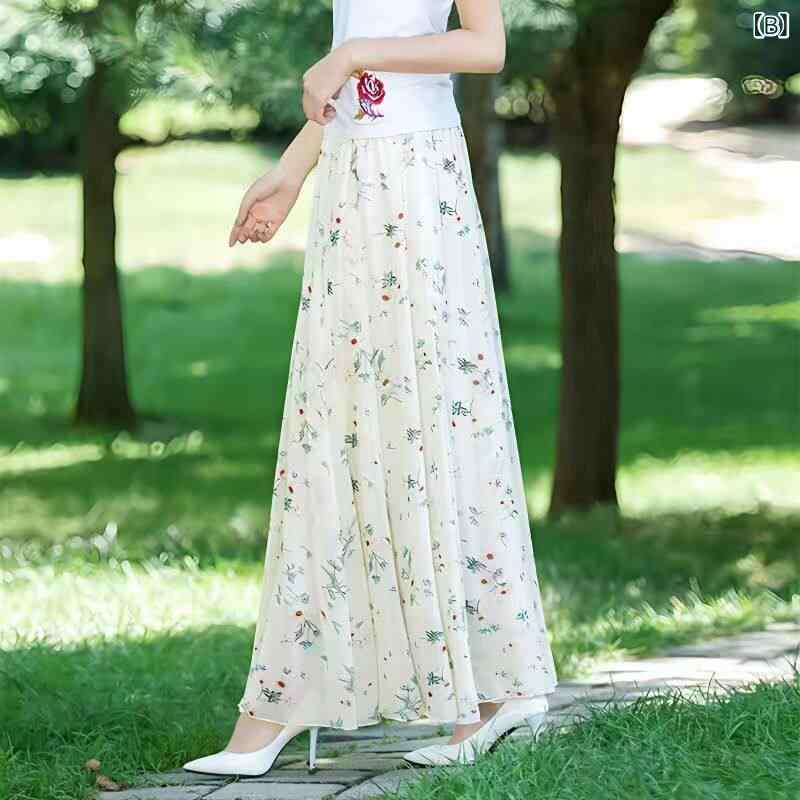 スカート レディース 夏用 ボヘミアン 花柄 シフォン フレア ロング ミディ ドレープ ビーチ ガウン 軽やか 揺れ感 小花柄 女性らしい 普段使い 2