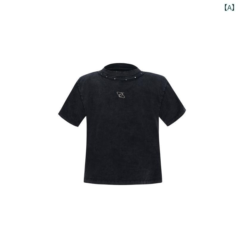 樂天商城 - Tシャツ 半袖 夏用 カジュアル ストリートファッション レトロ 廃土風 ヴィンテージ ウォッシュド 肩パッド 金属スタッズ ビッグシルエット ユニーク スタイリッシュ