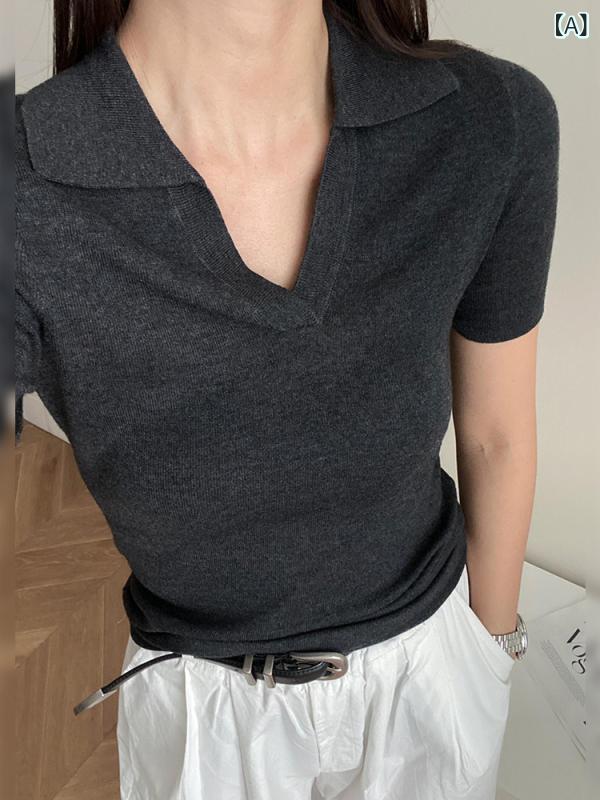 Polo Shirt - トップス レディース グレー Vネック 半袖 ニット ポロシャツ 夏 高級感 知的 フレンチスタイル スリムフィット 正肩 エレガント カジュアル シック 日常使い