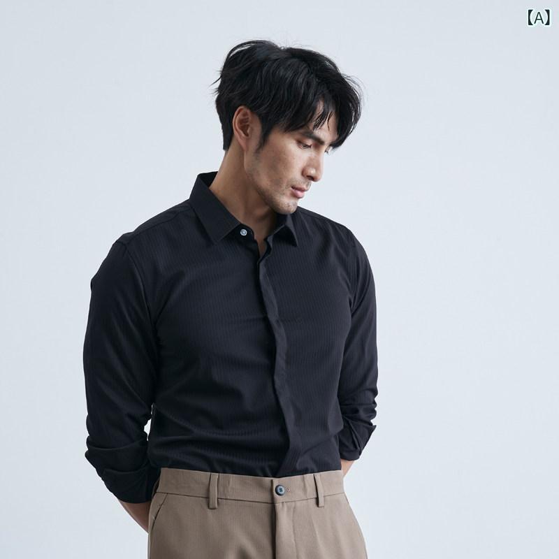Short Sleeves （Shape Holding） - シャツ 男性用 夏 長袖 グレー ピンストライプ ビジネス 高級感 ノンアイロン 伸縮性 通勤 オフィス トップス ワイシャツ