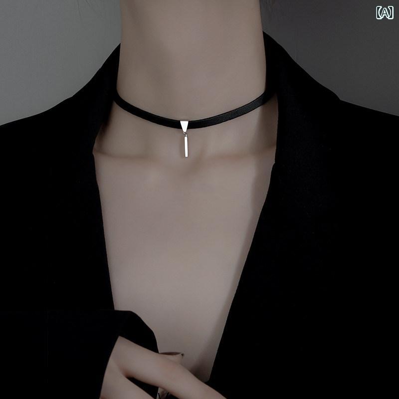 Cubic Zirconia - レディース ブラック チョーカー ネックレス 鎖骨チェーン 首飾り アクセサリー デコルテ 装飾 シンプル スタイリッシュ 普段使い