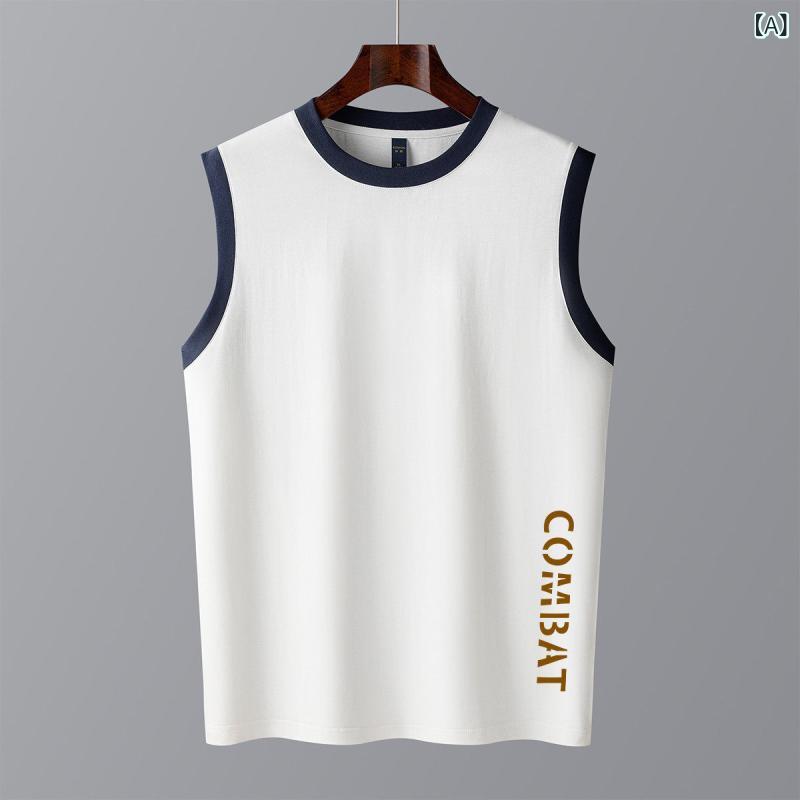Other - メンズ ノースリーブTシャツ 夏用 接触冷感 コットン スポーツ バスケットボール プリント コントラストカラー ラウンドネック トップス 吸湿速乾 軽量 普段使い