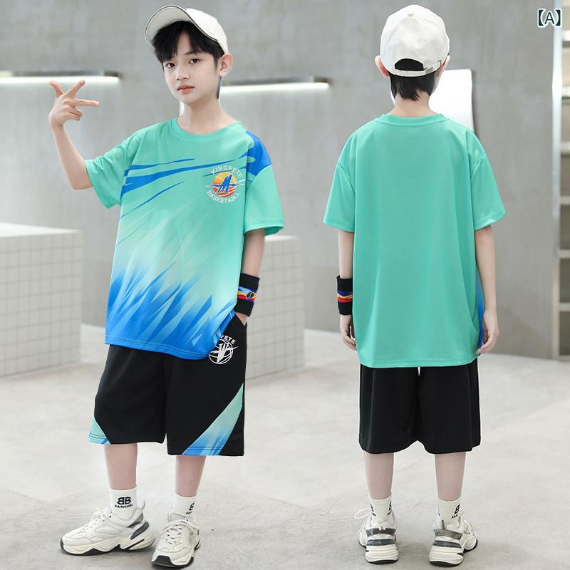 ベネフィメントショップのスポーツウェア セットアップ キッズ 男の子 短袖 上下セット ジュニア 練習着 バスケットボール ユニフォーム 速干 吸湿速乾 接触冷感 軽量 通気性 運動服 普段着 通学用 クラブ活動 室内外両用 おしゃれ かっこいい 体型カバー ゆったり 大きいサ｜アングル2