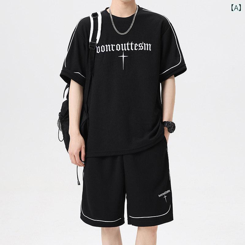 Other - 短袖 Tシャツ メンズ 接触冷感 夏用 ゆったり フィット カジュアル スポーツウェア バスケットボール セット 吸湿速乾 軽量 通気性 アクティブウェア アウトドア