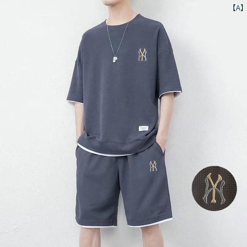 Other - メンズ バスケットボール スポーツセット 短袖Tシャツ ハーフパンツ 夏用 ゆったり ワッフル柄 吸湿速乾 軽量 伸縮性 通勤 普段使い アウトドア