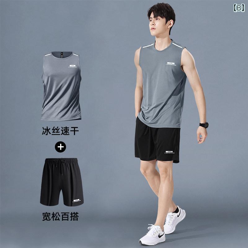 ベネフィメントショップのメンズ ランニング タンクトップ ショーツ セット 接触冷感 夏用 速乾 吸汗 無袖 トレーニングウェア 軽量 伸縮性 アウトドア 普段使い｜アングル2