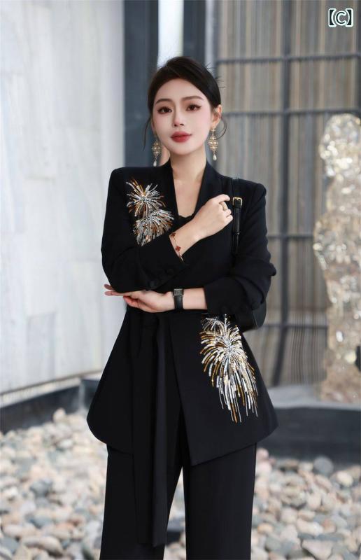 ベネフィメントショップの女性用 通勤 高級感 スーツ セット ツーピース ジャケット パンツ ビジネス フォーマル 軽量 ストレッチ 素材 ブラック グレー ネイビー｜アングル3