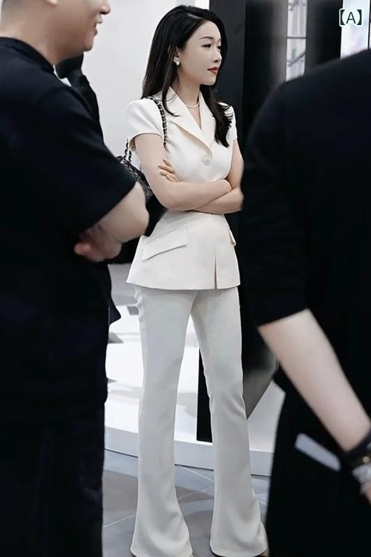 Pants Suit - レディース 夏 短袖 スーツ セット ホワイト 高級感 ビジネス 通勤 オフィス 薄手 軽量 爽やか スマート 職業服 セットアップ