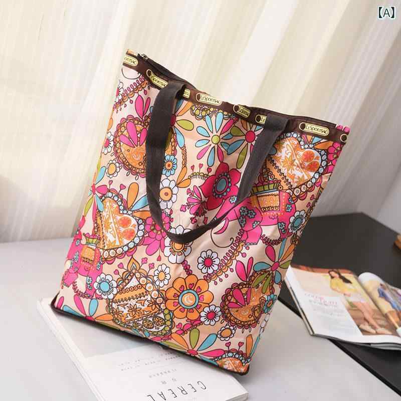 Tote Bag Type - ショッピングバッグ 折りたたみ 防水 ナイロン 花柄 プリント ジッパー 綿 裏地 シングルショルダー ソフトハンドル カジュアル 鞄 トート 普段使い 軽量 持ち運び 買い物用