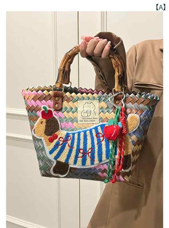 トートバッグ 女性用 通勤 野菜かご風 ダックスフント柄 編み込み ビーチスタイル 弁当入れ かわいい ナチュラル 普段使い 軽量 春夏