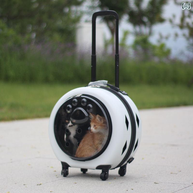ペットキャリー 猫犬用 引き棒付き 透明窓 外出ポータブル 小型スーツケース プッシュカート 旅行用 軽量持ち運び キャスター付き 折りたたみ可能