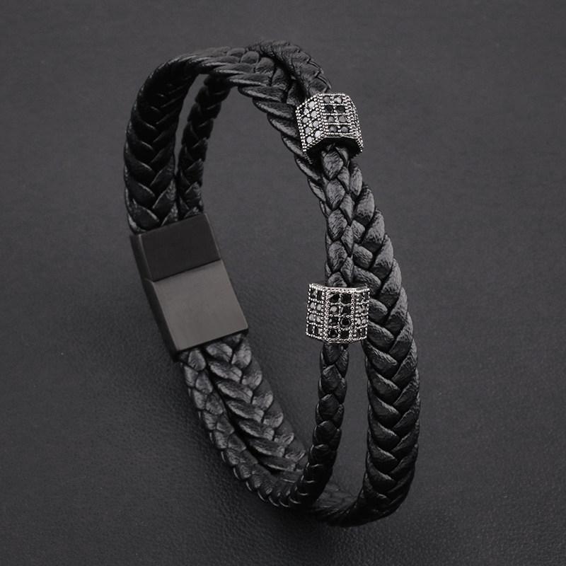 Men'S Accessories - ブレスレット メンズ レディース ブラック レザー 編み込み 高級感 ユニークデザイン 日韓風 ヒップホップ カップル 学生用 カジュアル アクセサリー 普段使い トレンド