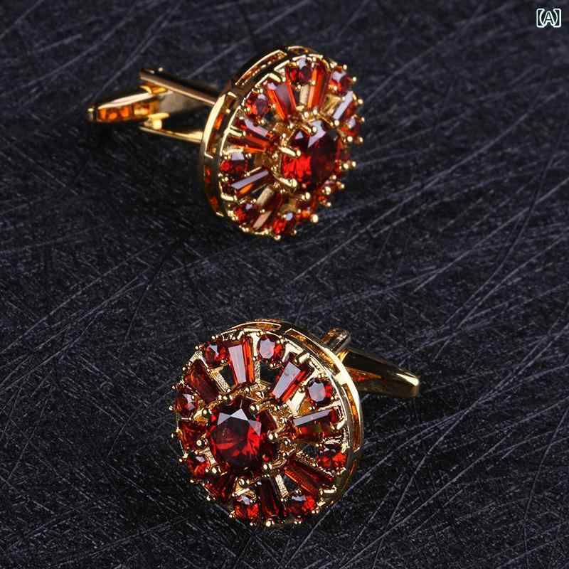 カフスボタン メンズ ゴールド 深紅 クリスタル ビジネス フォーマル 秋 シャツ用 スタイリッシュ アクセサリー ドレスコード 宝石風 洗練デザイン