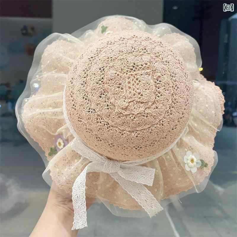 ベビー 女の子用 夏 フィッシャーマン帽 薄手 レース リボン プリンセス 大つば UV...