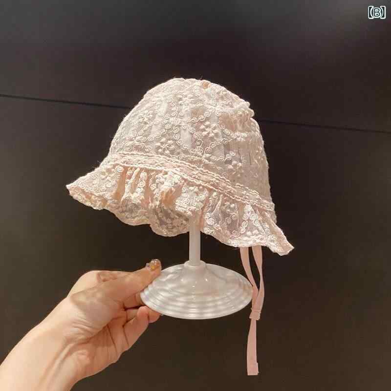ベネフィメントショップのベビー帽子 女の子 夏用 薄手 レース フリル かわいい 宮廷風 新生児 百日祝い プリンセス 軽量 通気性 綿素材 ピンク系｜アングル2