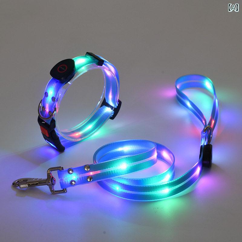 Collars, Harnesses, Leashes - 犬用 首輪 発光 夜光 散歩 ライト 防失踪 リード 安全 機能 LED グロー ペット グッズ 夜間 視認性 高い 耐久性