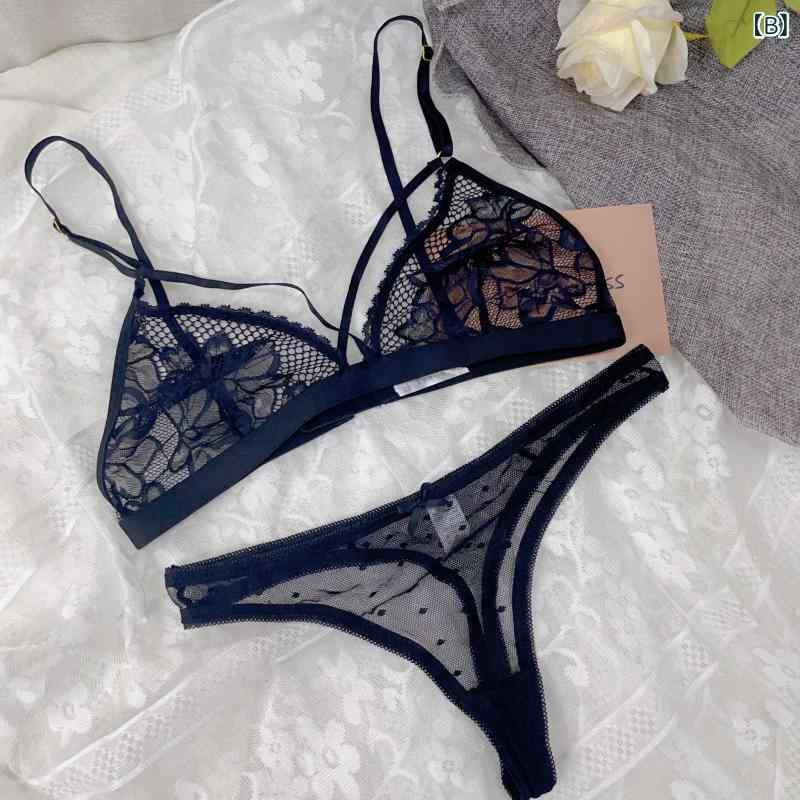 レディース フレンチスタイル レース ブラジャー パンティ セット 薄型 透明 三角カップ ノンワイヤー 透けメッシュ ローライズ 伸縮性 軽量 接触冷感 (2)