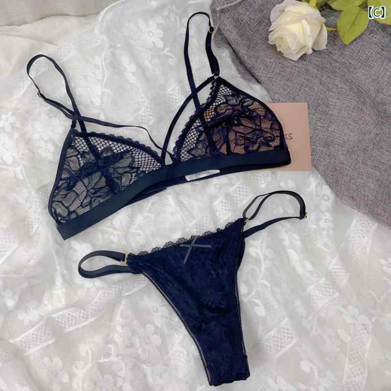 レディース フレンチスタイル レース ブラジャー パンティ セット 薄型 透明 三角カップ ノンワイヤー 透けメッシュ ローライズ 伸縮性 軽量 接触冷感 (3)