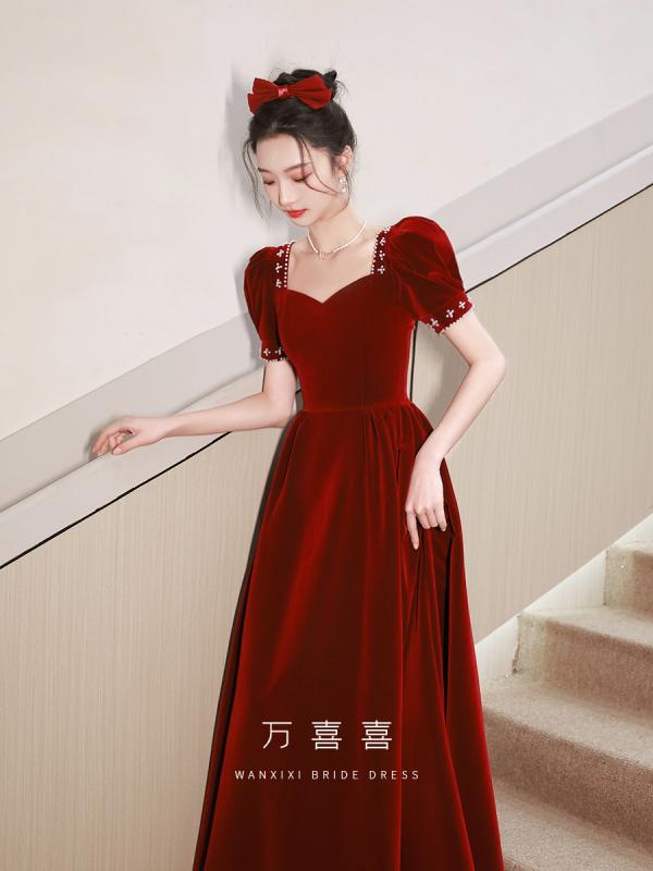 結婚式ドレス レディース 赤 ベルベット 新婦用 お腹カバー ゆったりシルエット ペ...