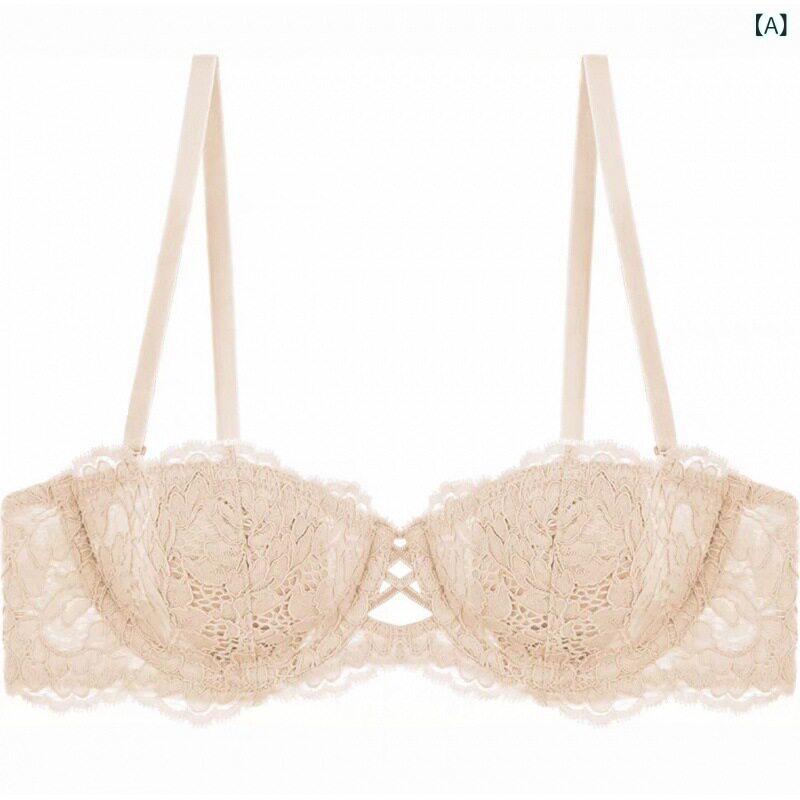 ブラジャー レディース ストラップレス ハーフカップ レース セクシー 超薄 ボリュームダウン 大胸 小さめ ウェディングドレス キャミソール 専用 インナー 女性用 軽量 伸縮性 接触冷感 吸湿速乾 ピンク系 ブラック アイボリー 通勤用 普段使い 部