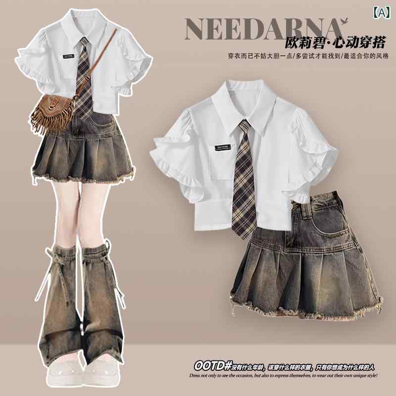 レディース JK 制服 セット ブラウス 春夏 学院風 デニム ワンピース ショートスカート 混紡 素材 カジュアル スタイル 軽量 伸縮性 普段使い トップス ドレス ミニスカート ストリート ファッション