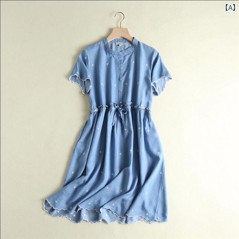 ワンピース レディース ラウンドネック 刺繍 レース デニム 薄手 夏 中長丈 膝上丈 カジュアル 普段使い 軽量 伸縮性
