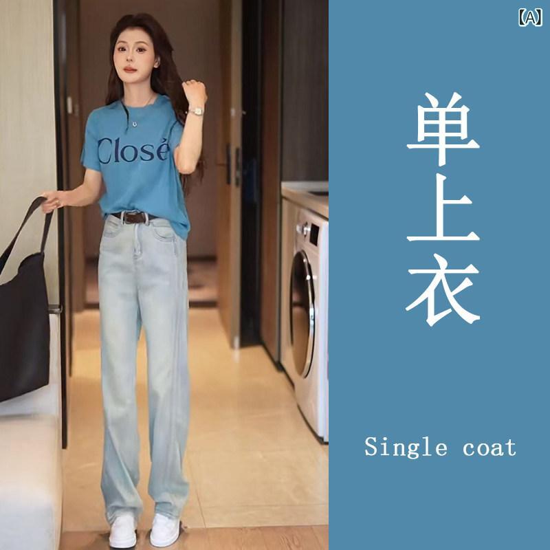 レディース 夏 アルファベット プリント ラウンドネック ショートスリーブ Tシャツ トップス シンプル カジュアル デニムパンツ ジーンズ 2点セット 普段使い 軽量 伸縮性 吸湿速乾 コットン 混 ブルー系 ベーシック スタイル