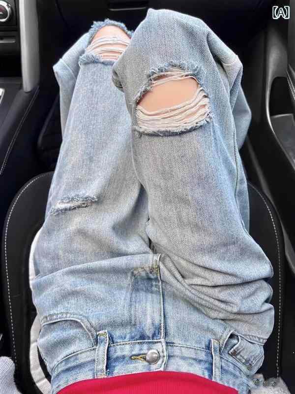 レディース デニムパンツ ダメージ加工 ビンテージ風 ストレート ワイドレッグ スリム効果 合わせやすい 普段使い 大きいサイズ 大きめ サイズ コットン素材 通勤対応 ストレッチ性 軽量 秋冬 春夏