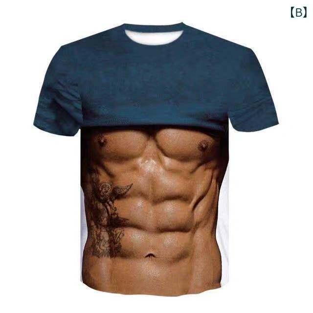 ベネフィメントショップのTシャツ 短袖 3D 立体 タトゥー プリント ユーモア 筋肉 腹筋 胸毛 個性的 おもしろ カジュアル トップス ユニセックス 軽量 コットン 素材 日常使い 遊び心 満載｜アングル2