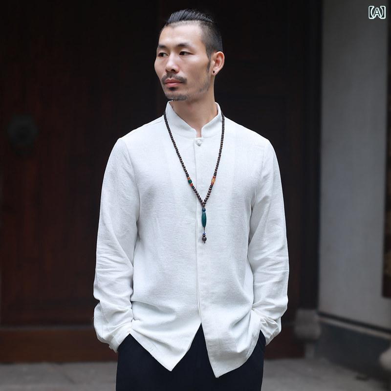 樂天商城 - シャツ メンズ 長袖 中国風 唐装 盤扣 リネン コットン混 復古 レトロ スタイル ゆったり フィット 通気性 吸湿性 春秋 禅 茶道 着用 普段使い
