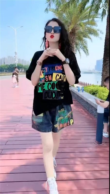 レディース 夏用 花柄 アシンメトリー 短袖 トップス デニム ショートパンツ カジュアル ビッグシルエット ツーピース セット