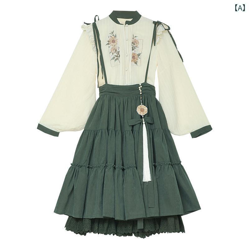 ロリータドレス レディース プリンセス 田園風 学院風 チャイナ風 春 ガーリー かわいい 日常使い デイリー スタイル フレア スカート ミックス