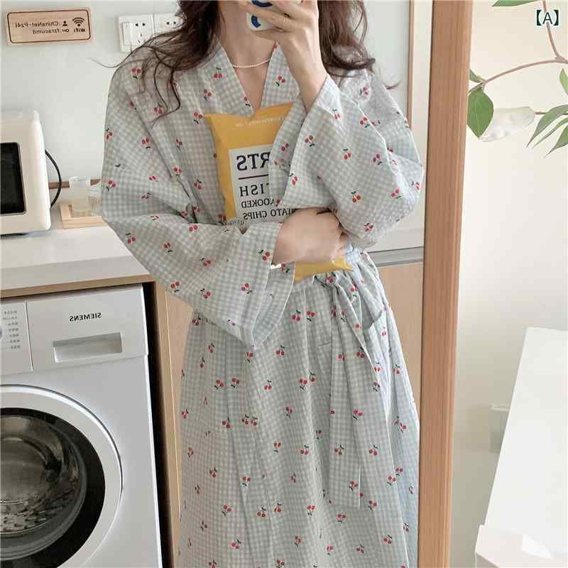 ルームウェア 女性用 和服風 ロング丈 ガウン 薄手 長袖 チェック柄 チェリー柄 かわいい 柄 春秋 家居着 寝間着 ゆったり 着心地 良い 素材 軽量 伸縮性