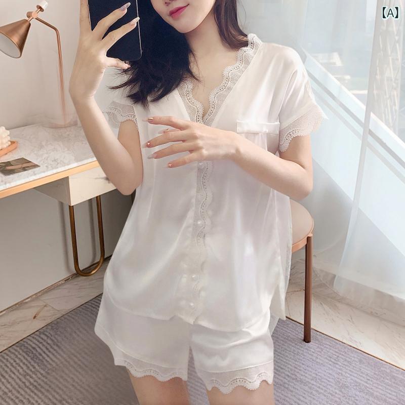 パジャマ 女性用 夏用 薄手 接触冷感 半袖 レース ショートパンツ セット 部屋着 カジュアル リラックス 吸湿速乾